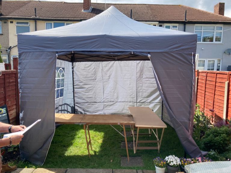 3X3m pop up gazebo with wheeled bag, 4 leg weights, rope and pegs, 4side walls metallic grey