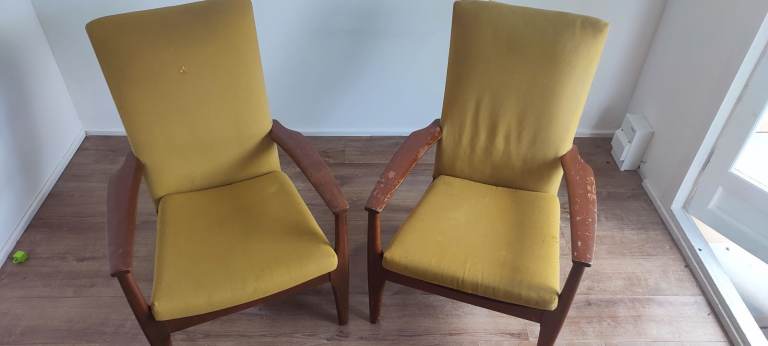 Pair of Parker Knoll Wooden Chairs - Yellow Fabric