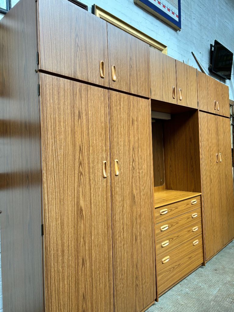 Retro Wooden Bedroom Wardrobe Unit with Drawers and Mirror