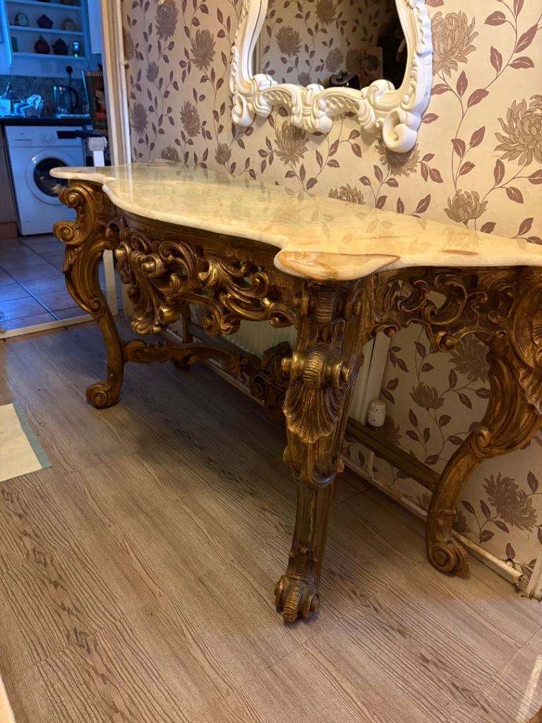 Stunning Gold Carved Console Table with Marble Top