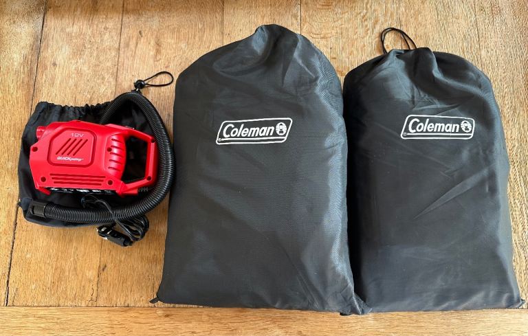1 double and 1 single air bed with Coleman QuickPump 12V Electric Air Pump with Storage Bags
