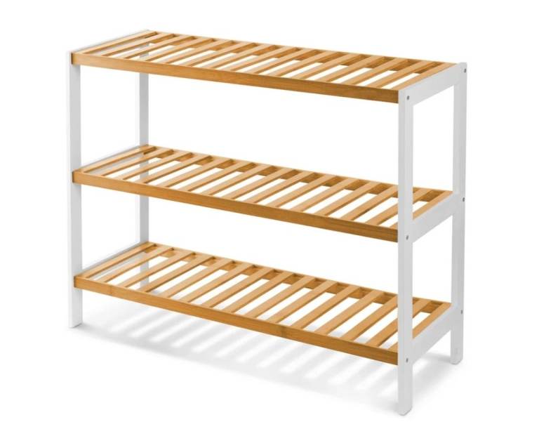 A new still boxed  flat packed wood and white finish wooden 3 tier shoe storage rack. 