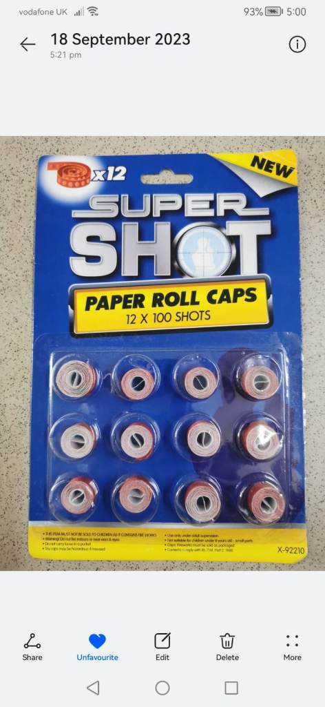 Super Shot Gun Caps 12 X 100 Paper Roll Vintage Toy Brand New 