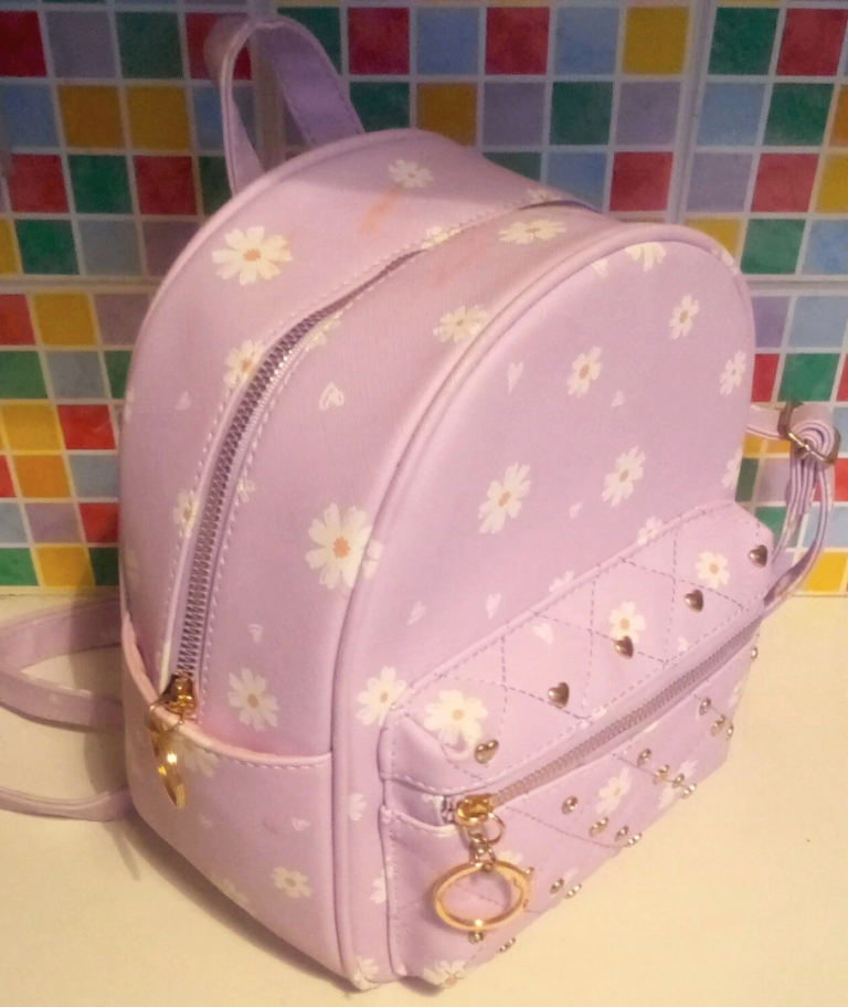 Girl's Child's Lilac Gold and Silver Toned Backpack with White Flower Patterns. POST OR COLLECT!