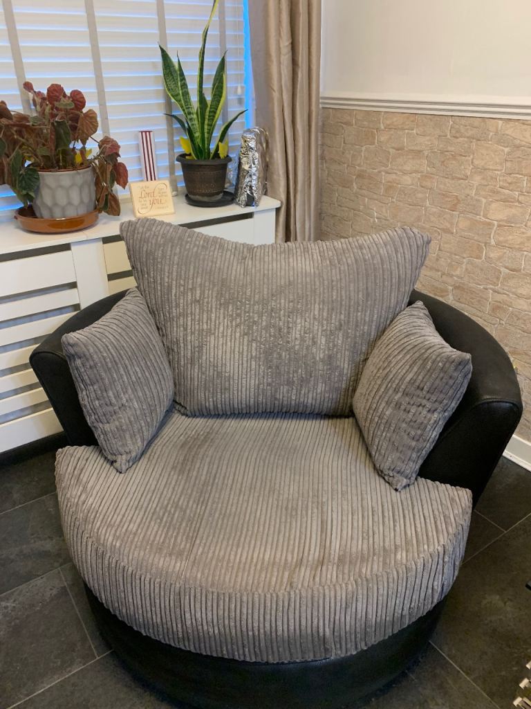 Large Grey Swivel Cuddle Chair - Fabric & Faux Leather