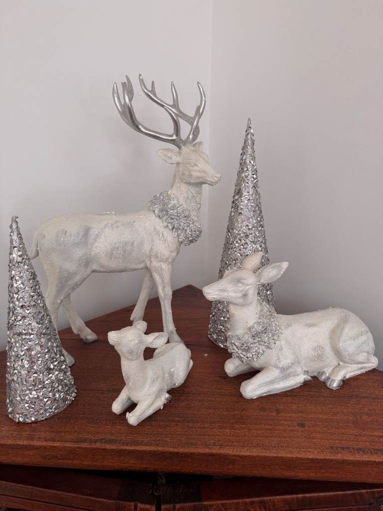 White & Silver Decorative Deer Set with Trees – Good Condition