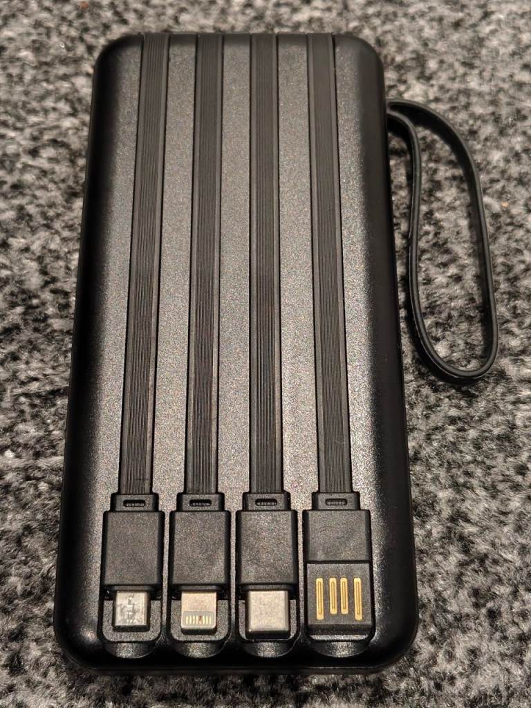 Black Power Bank with Multi-Charger Cables 10000mAh – Good Condition