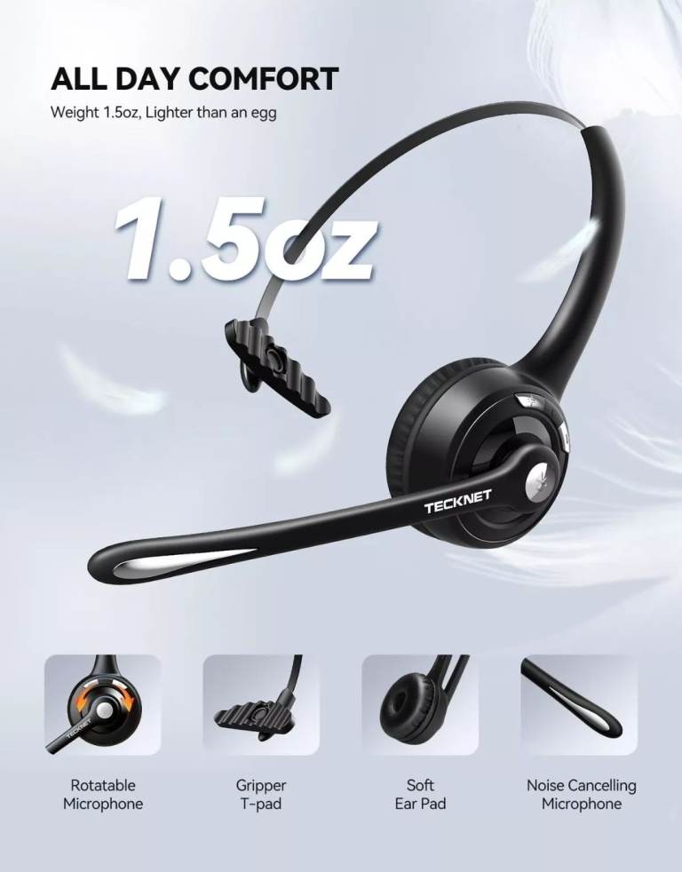 TECKNET Bluetooth Headset, Wireless On Ear Headphones with Noise Cancel HS004
