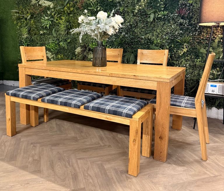 Solid oak kitchen table, 4 chairs & bench