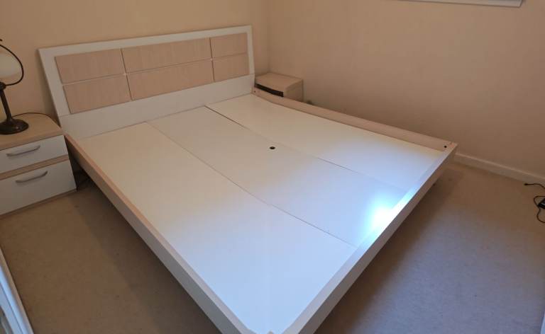 King-Size Bed Frame with Headboard (White & Light Wood) – £50