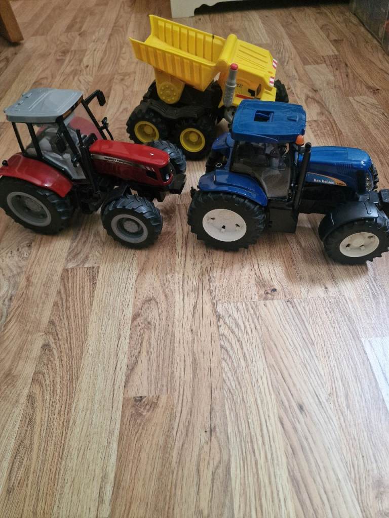 Bruder, New Holland tractor, Massey Ferguson tractor with lights & sounds, Matchbox dump truck