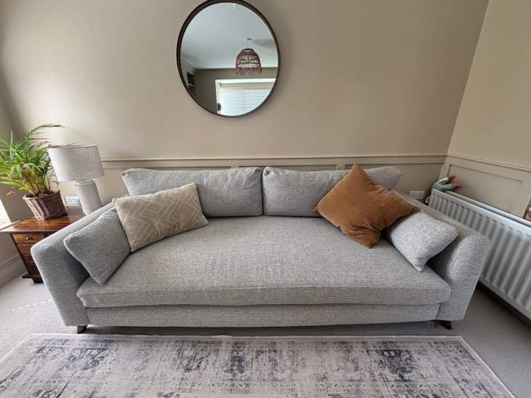 DFS Stone/Jute Sofa With Walnut Trim