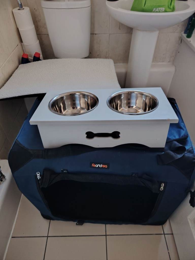 Dog travel carrier and dog bowls 