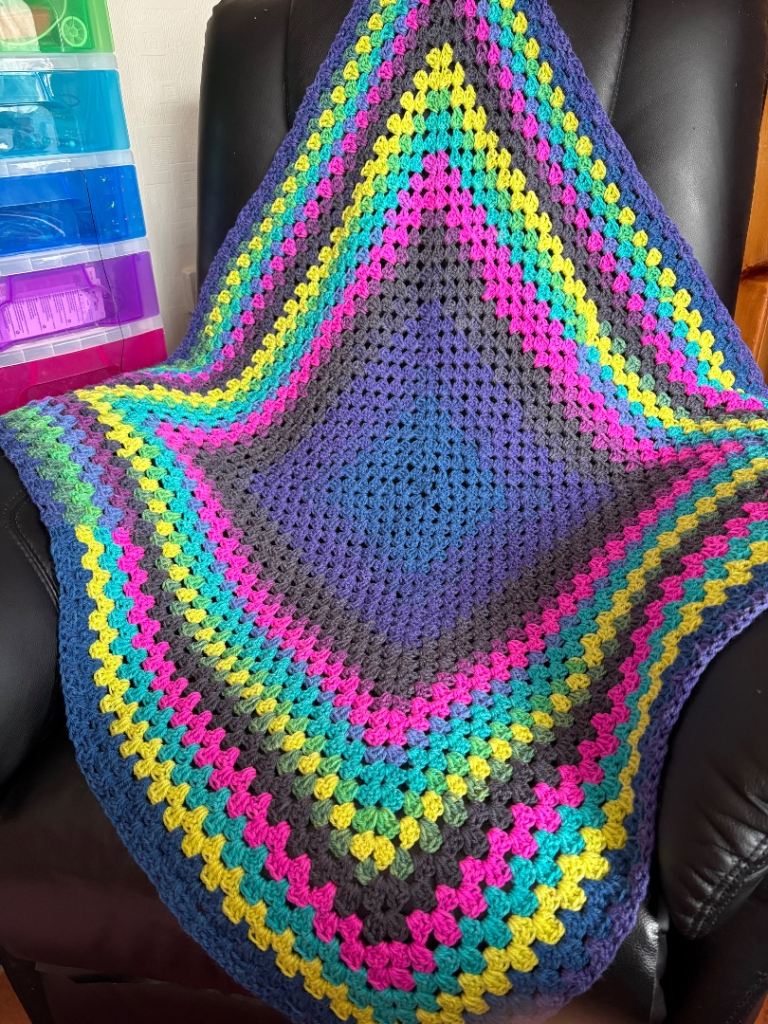 Hand Crocheted Wool Throw Blanket Vibrant Multi Coloured Size: 40” x 40” inches Square. 