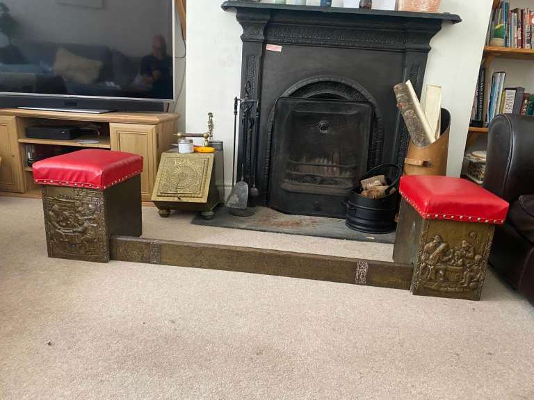 Vintage Brass Fireplace Fender with seats