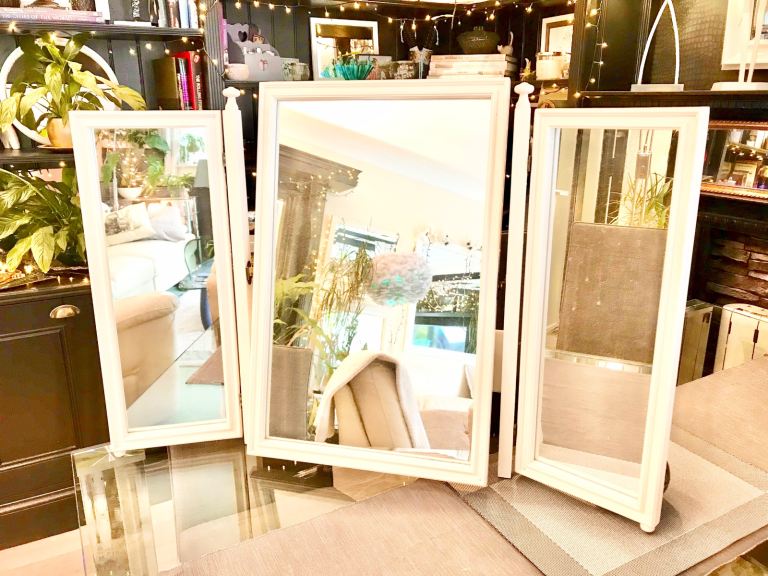 White triple adjustable dressing table mirror, stand alone, tilting action 