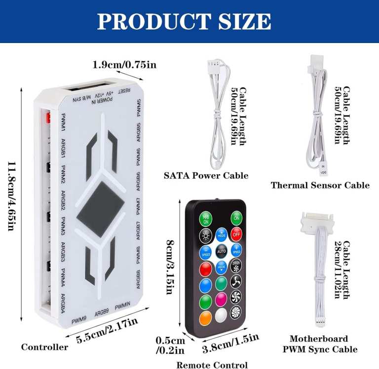 2 In 1 ARGB Fan Hub with Remote Control 9-Port 4-Pin PWM Fan Connector 9 × 5V 3-Pin Magnetic Base