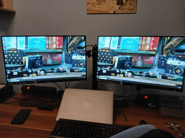 2 x 23.8" Iiyama ProLite XUB2493HS monitors with stands and desk arms