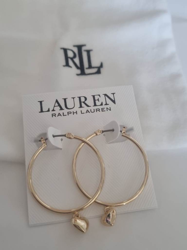 LAUREN Ralph Lauren Gold Hoop Earrings with Heart Charms – Brand New