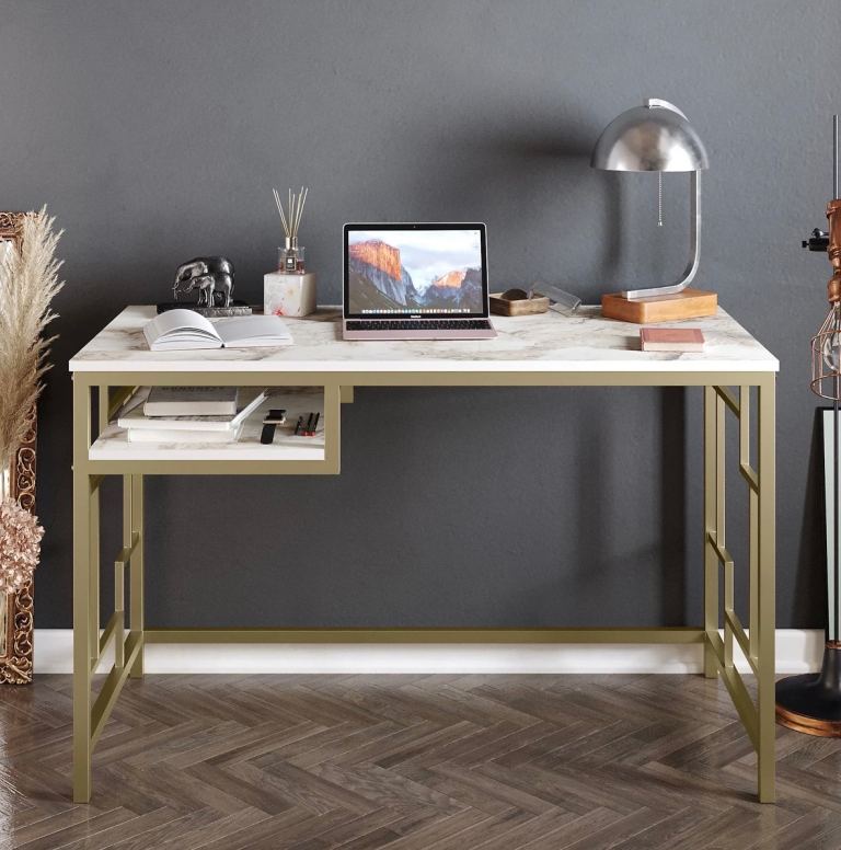 Beautiful Office Desk - White Marble Effect & Gold