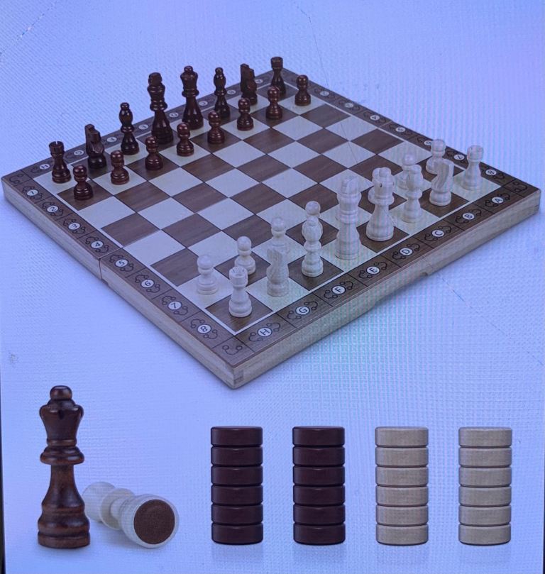image for Chess Set, 15" Wooden Chess Board with 2 Extra Queen, 2IN1 Chess and Checkers Board Game