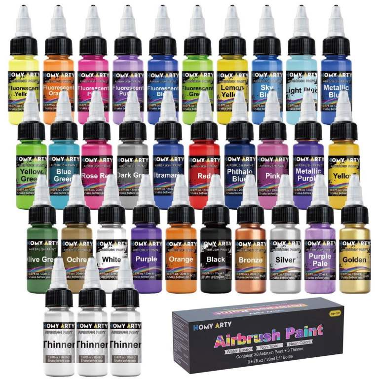 Airbrush Paint - 30 Colors with 3 Thinner, Water-Based Airbrush Paint Set