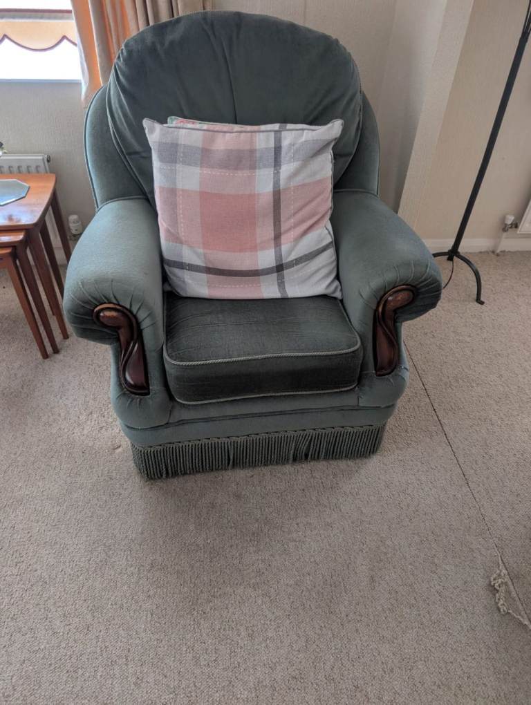 Green reversible cushion 2 seater sofa and 2 chairs