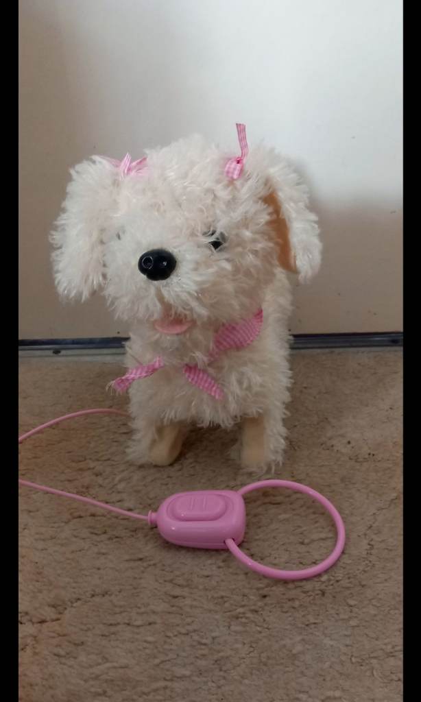 Electronic Battery Fluffy Puppies Walking White and barking Dog with push button lead