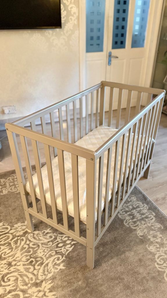 Baby Cot with Mattress – Grey, As Good As New