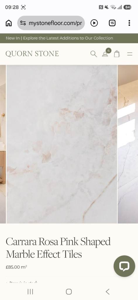 Quorn Stone Carrara Rosa Pink Shaped Marble Effect Tiles 1m x 1m