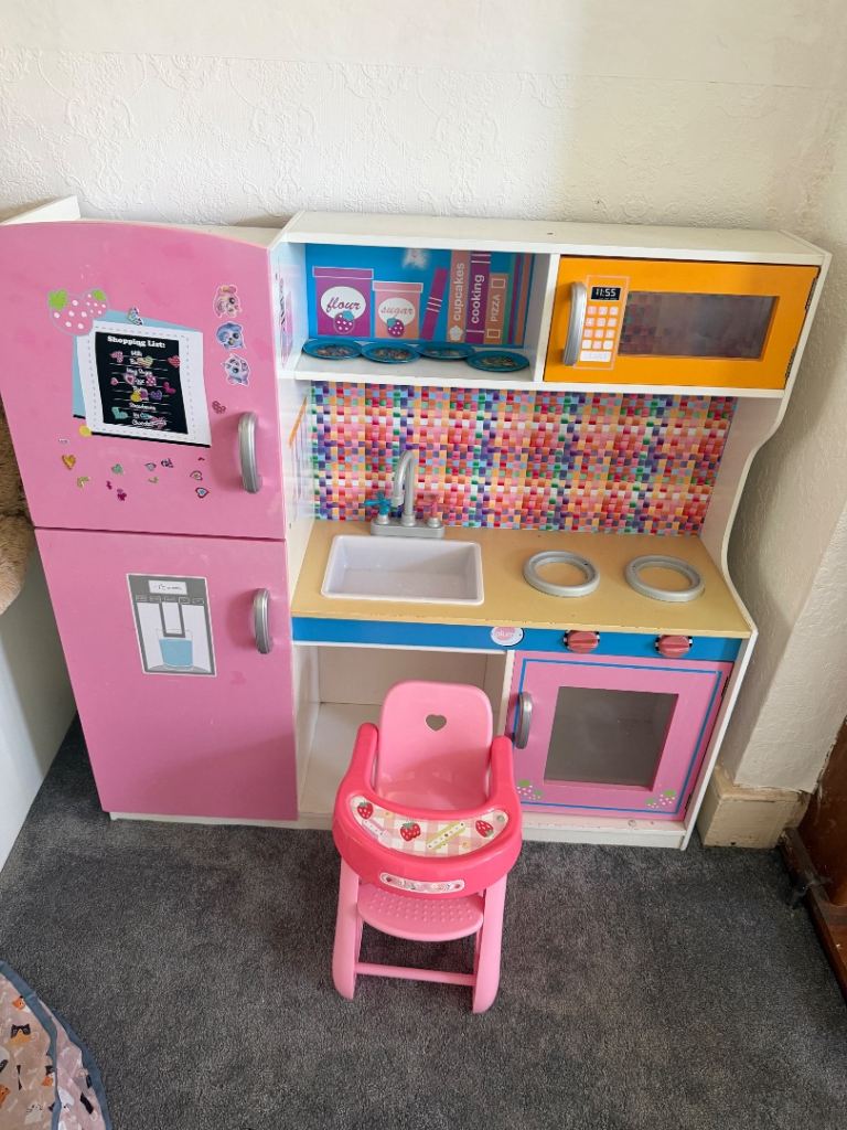 Kids Play Kitchen and High Chair – Good Condition