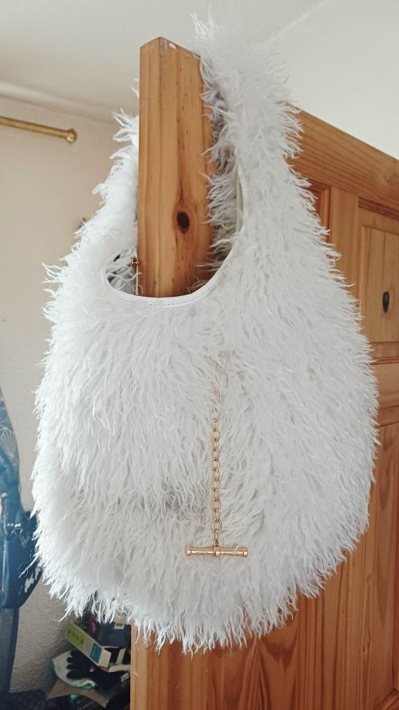 White Fluffy Shoulder Bag with Gold Chain Detail, Like New