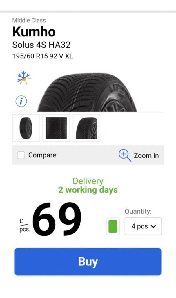 image for 195 60 15 Kumho Solus 4S HA32 92V XL TYRE NEW X4