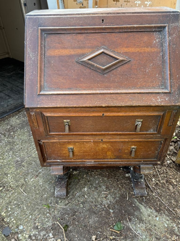 Vintage Wooden Bureau Desk with Drawers – Fair Condition