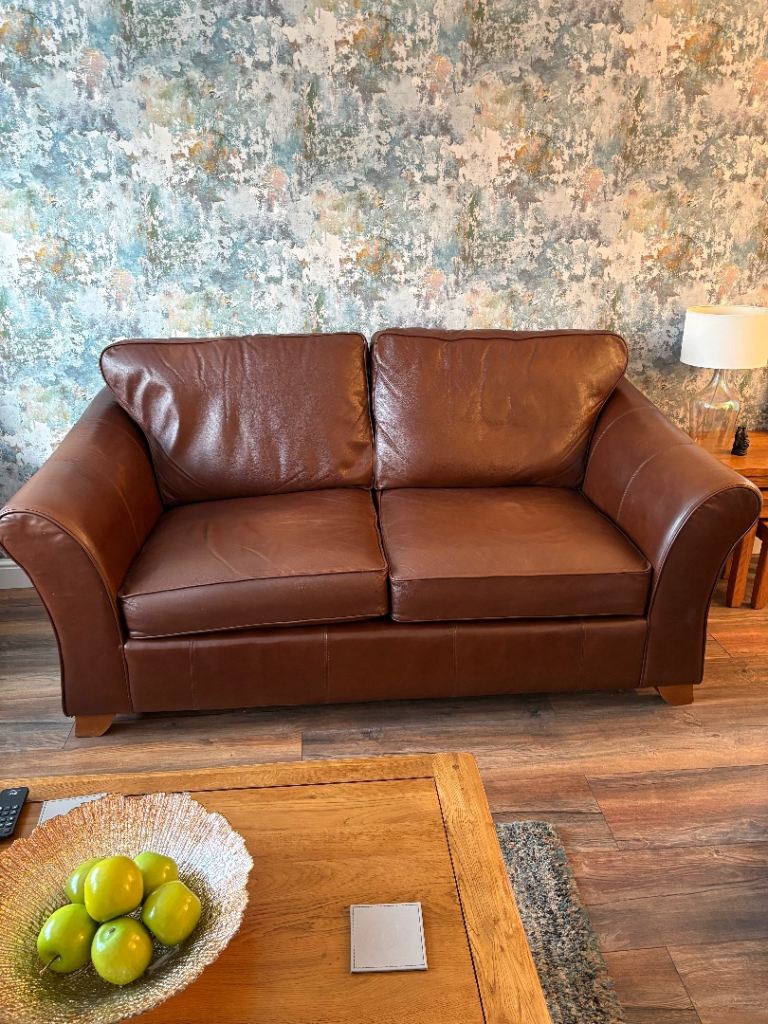 M&S Brown Leather Two-Seater Sofa - Good Condition