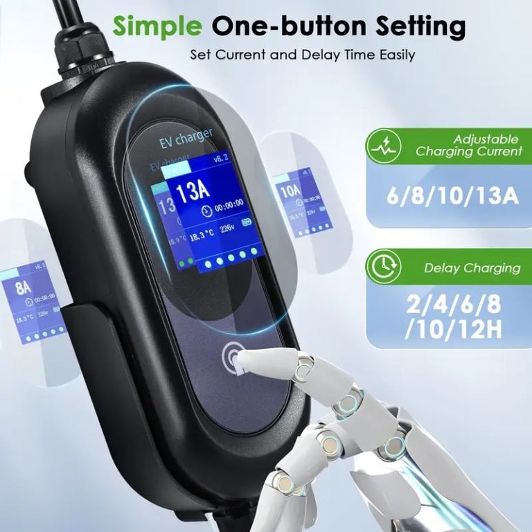 8M EV Charger Type 2 to 3 Pin, 13A Adjustable, 12 Hours Delay Timer, Touch Control, 3.3kW