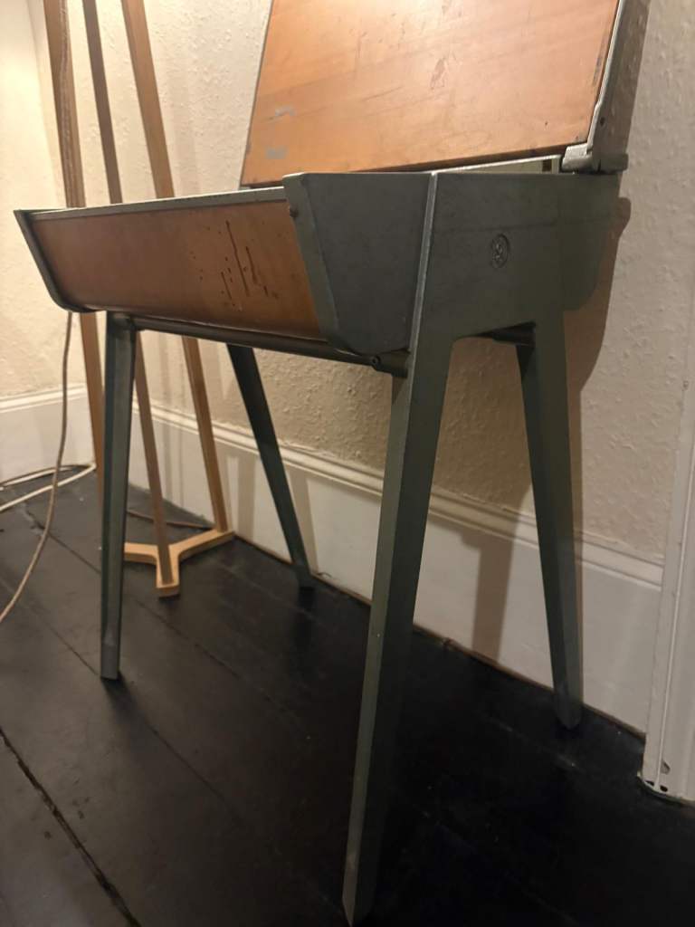 Vintage 1950s ESAVIAN wooden school desk hinged lid with metal frame