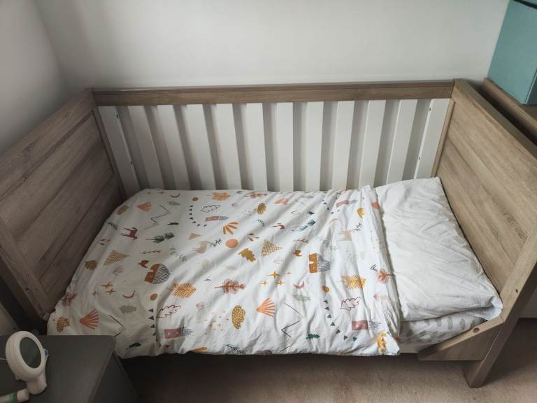 Tutti Bambini Modena oak and white cot bed and changing table/chest of drawers