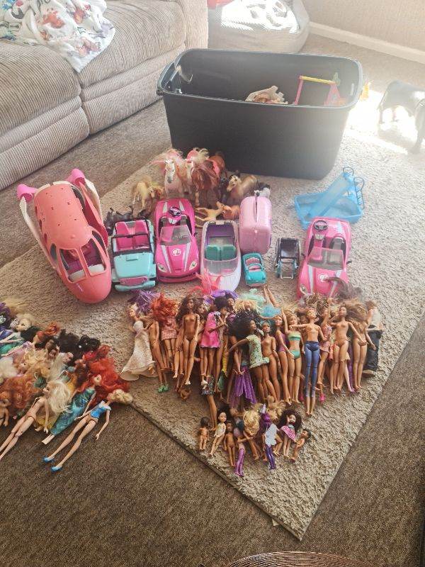 Large Collection of Dolls, Cars, and Accessories – Good Condition