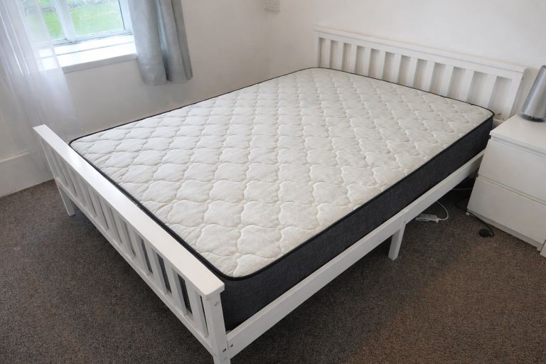 Delivery Available - White Wooden Double Bed & Mattress