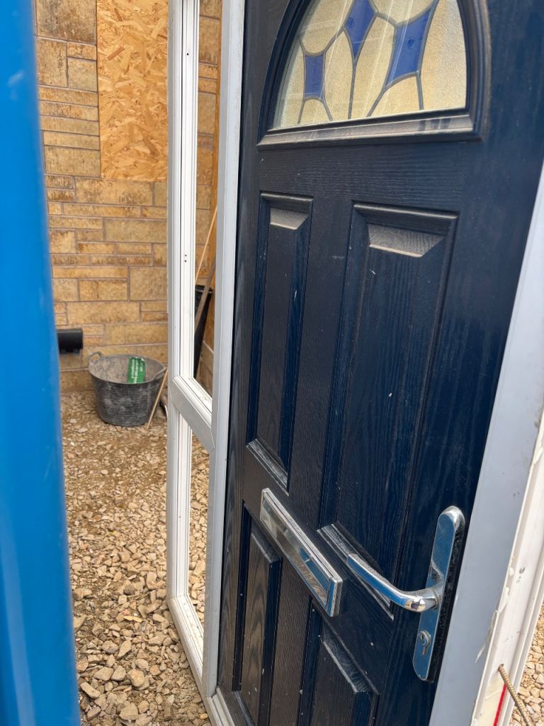 External UPVC Front Door with Side Window frame (no glass) – Good Condition