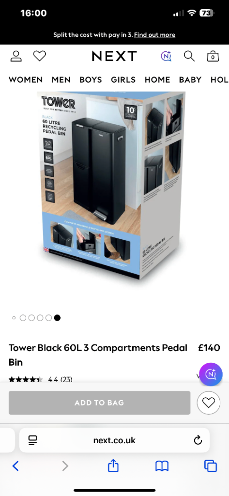 Tower Black 60L 3-Compartment Recycling Pedal Bin