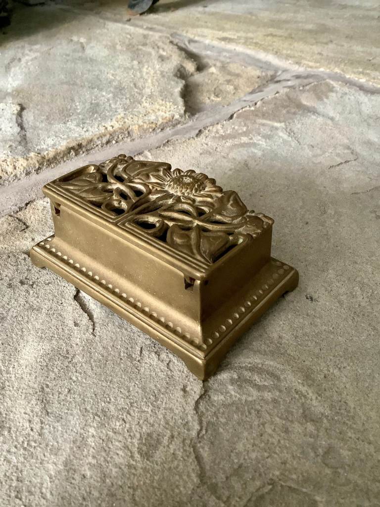 Vintage Solid Brass Floral Incense Holder / Vesta Box – Art Nouveau Style