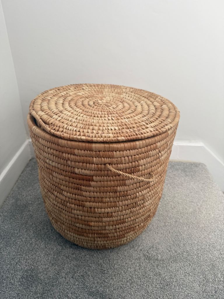 Handwoven African Laundry Hamper: Large Woven Storage Basket with Leather Handles