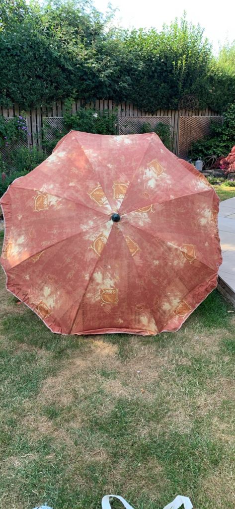 Large Garden Parasol Umbrella – Red Patterned, Fair Condition