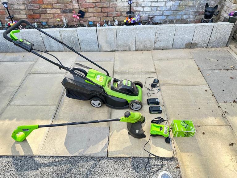 Green works cordless mower and strimmer