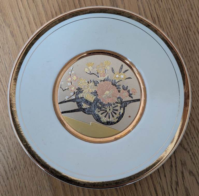 The Art of Chokin 24K Gold Edged Plate - Cart And Flowers -Japanese - Collectable