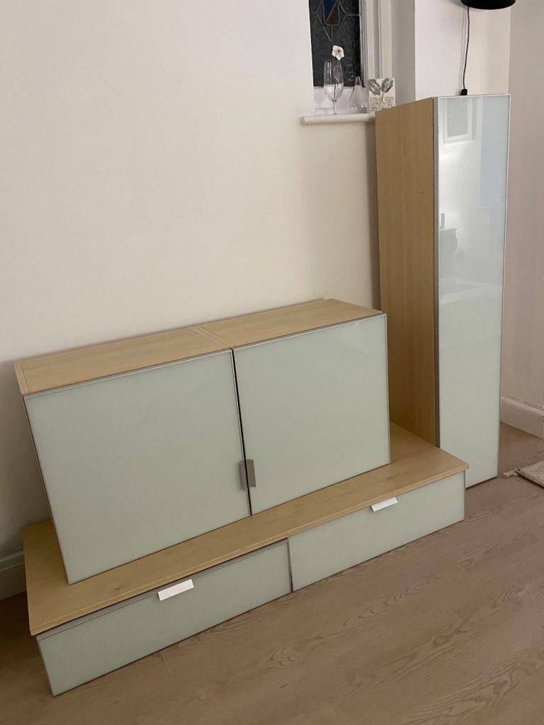 image for Storage cupboards to make TV stand unit, wood with opaque glass front