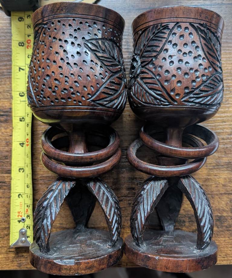 Pair Vintage African Wooden Hand Carved Ring Goblet - 2x Trapped Rings - Amazing Carving 22cm x 8cm