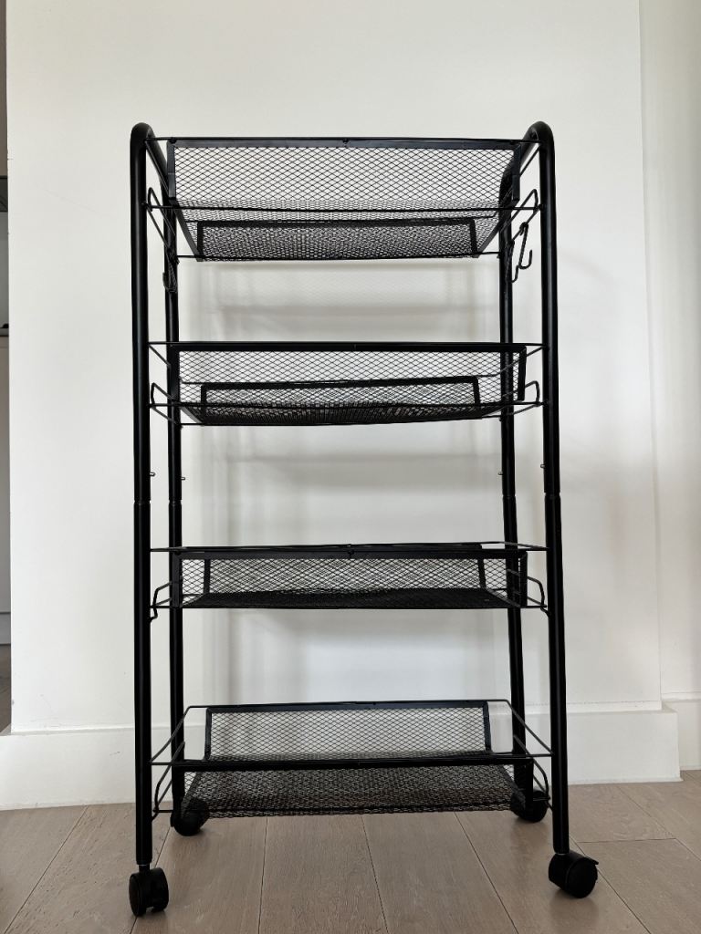 Black Metal Mesh Storage Trolley on Wheels